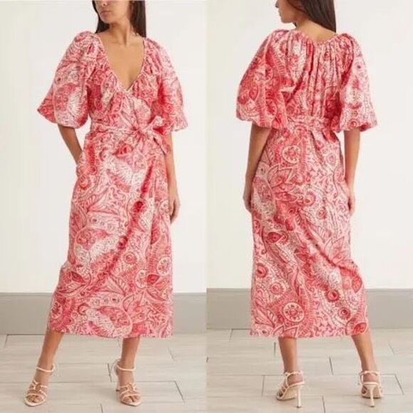Mara Hoffman Red Floral Adonia Paisley Printed Puff Sleeve Wrap Midi Dress XS - Picture 1 of 9